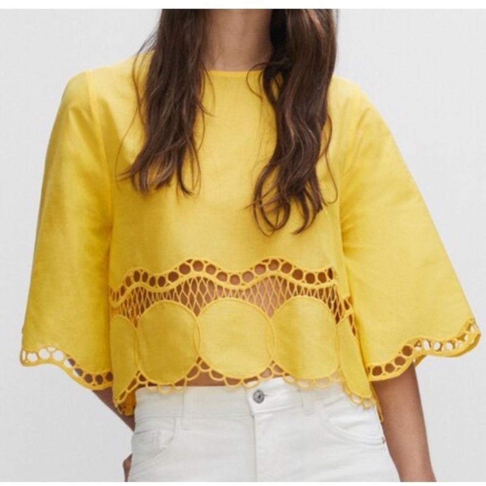 MANGO MNG Bright Yellow CROPPED OVERSIZED TOP Embroidered Crochet Lace SIZE 4